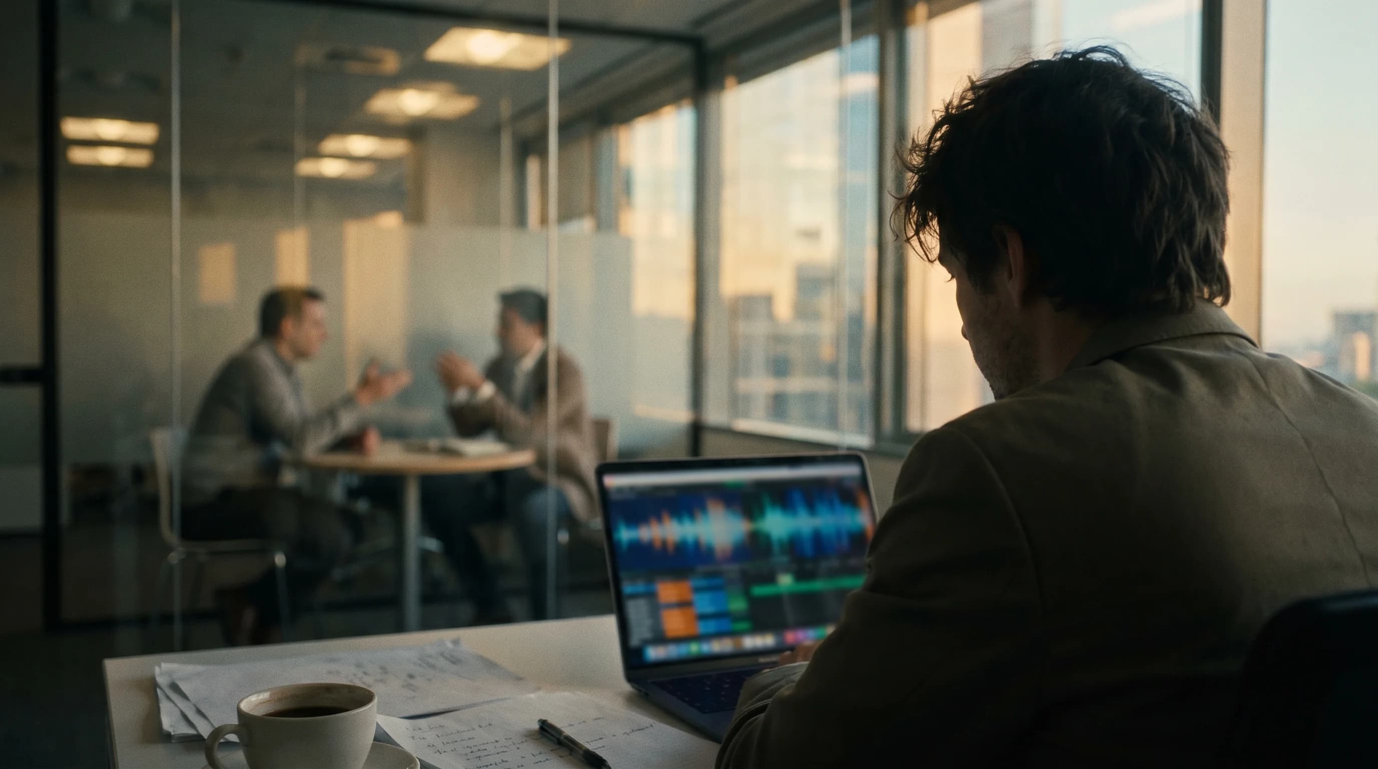 A sales manager reviews call notes beside a laptop in a modern office, with a quiet coaching conversation visible beyond glass in the background.