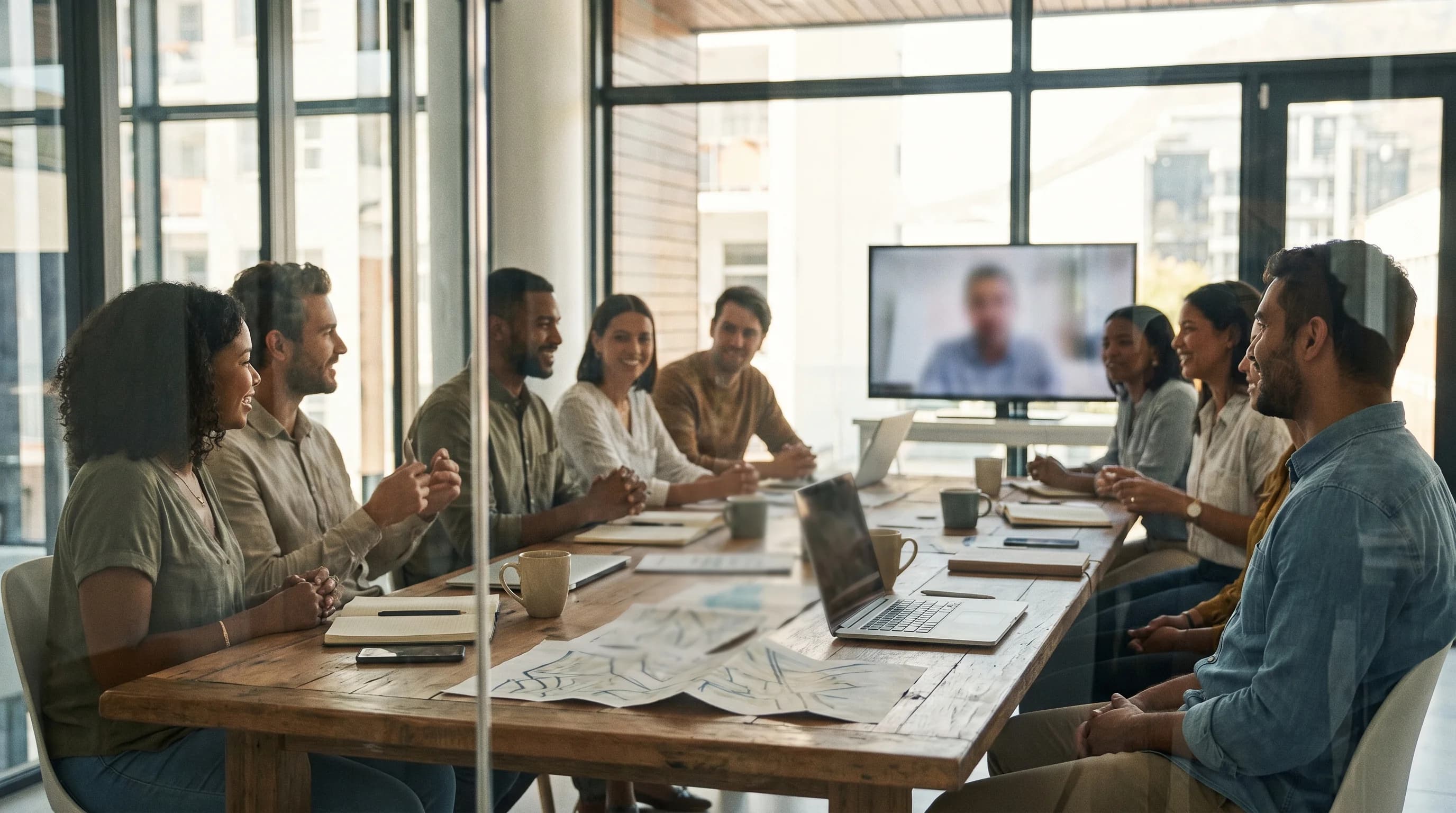A global sales enablement team meets in a bright enterprise office with maps, notebooks, and laptops out of focus, photographed through glass in warm film light.