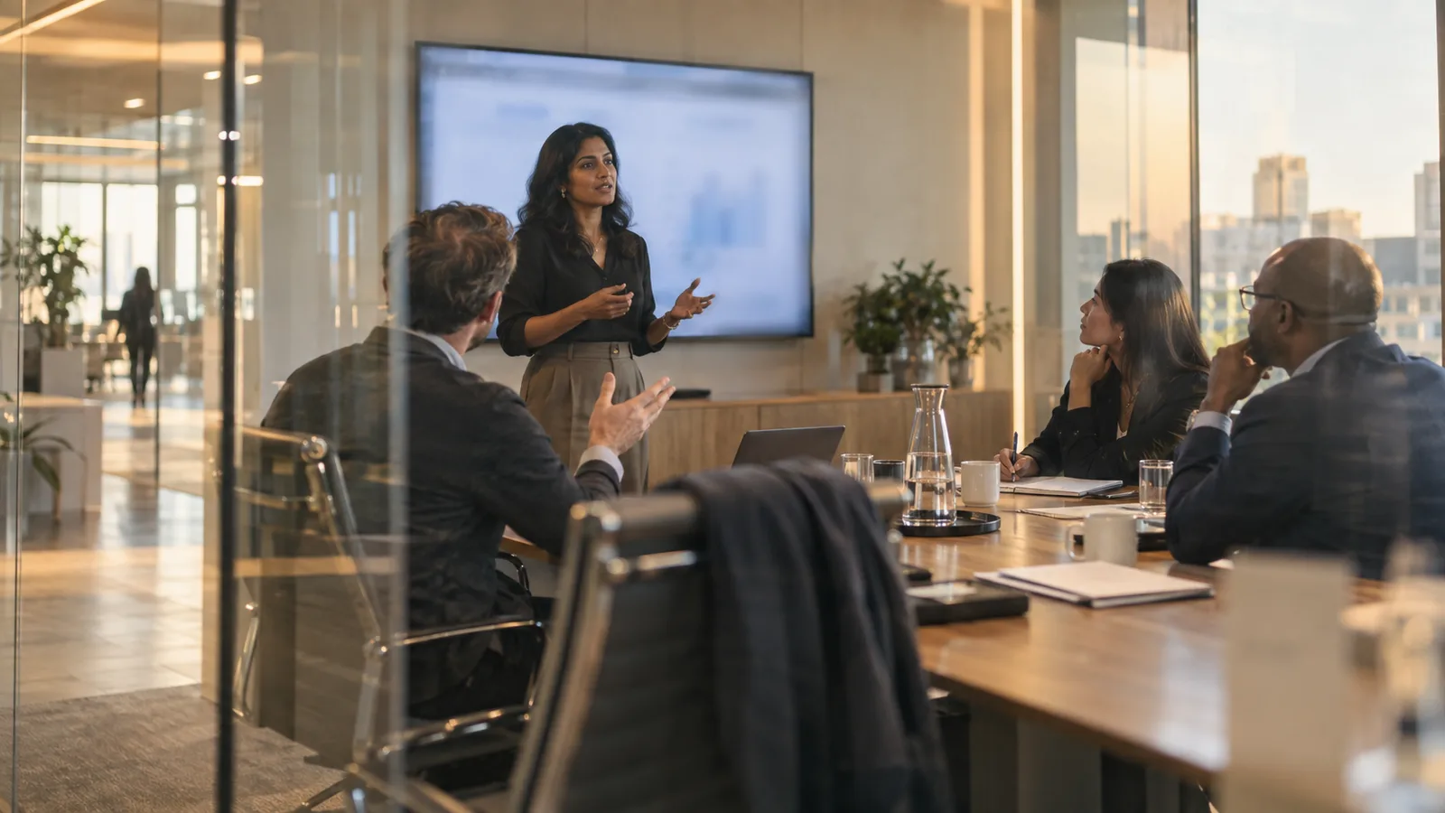 A consultant rehearses a presentation with three colleagues in a warm glass-walled boardroom while one colleague asks a question.