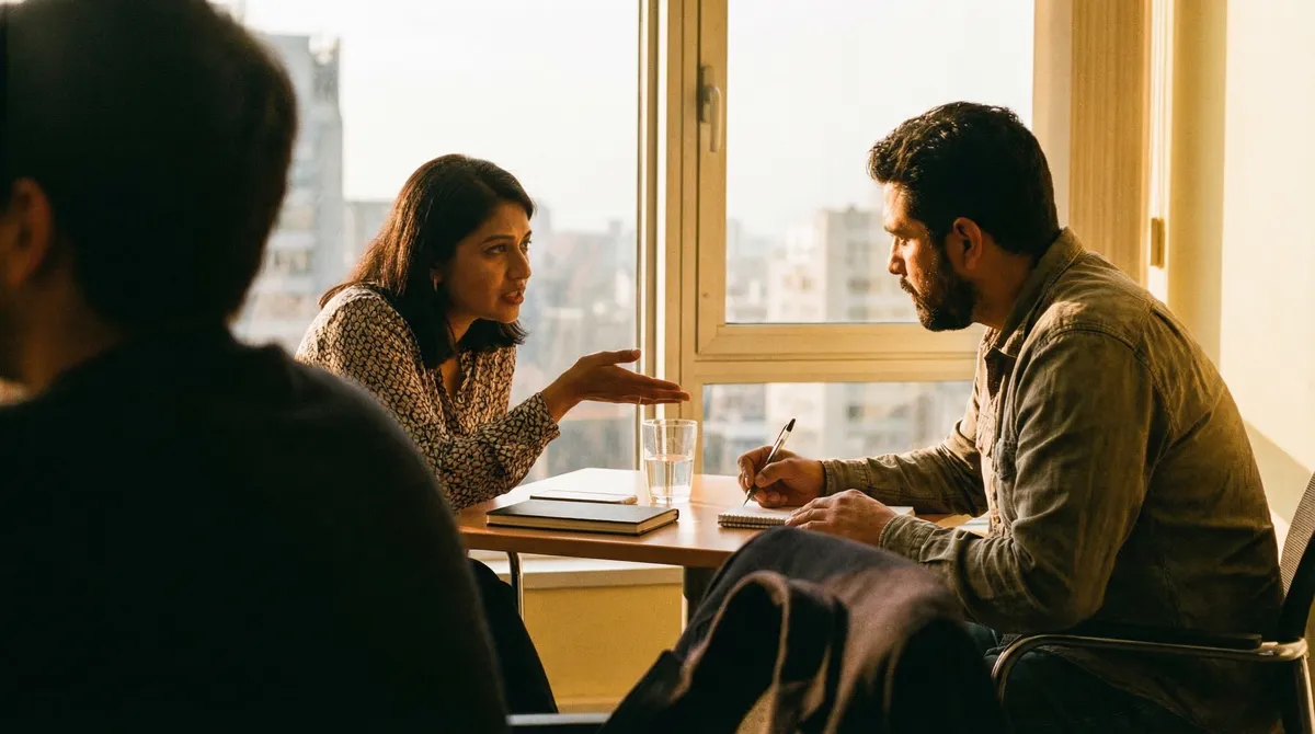 Two colleagues seated at a small round table near a sunlit window in a modern office, one leaning forward mid-sentence, natural afternoon light with warm film grain and a slightly overexposed, candid lomography feel, unposed and unhurried.