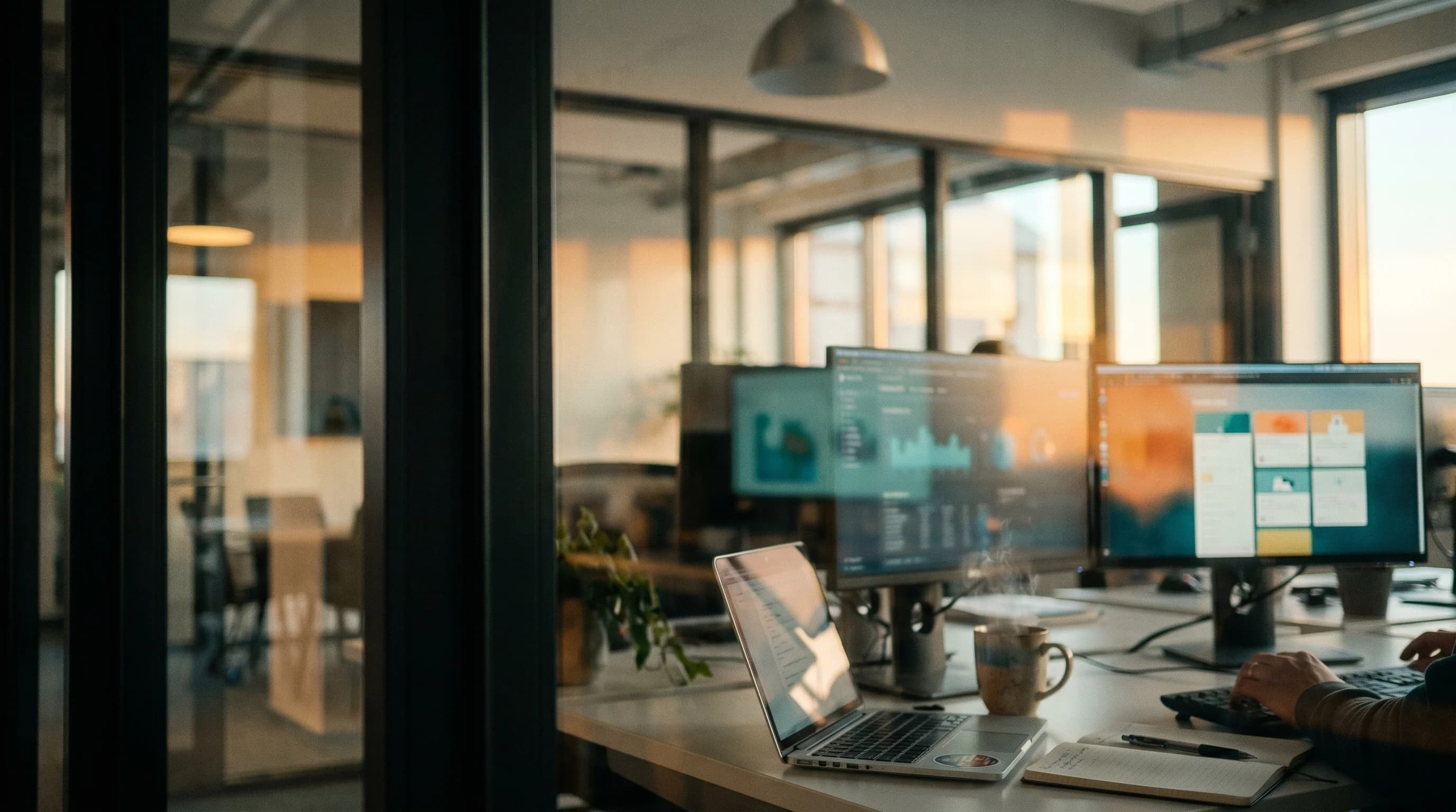 A modern enterprise workstation viewed through a glass partition, two monitors glowing with soft out-of-focus data visualisations and a learning platform interface, a coffee cup beside an open laptop, a hand just visible at the frame edge paused mid-interaction, warm afternoon light mixing with cooler screen glow, shot on film with visible grain and candid composition.