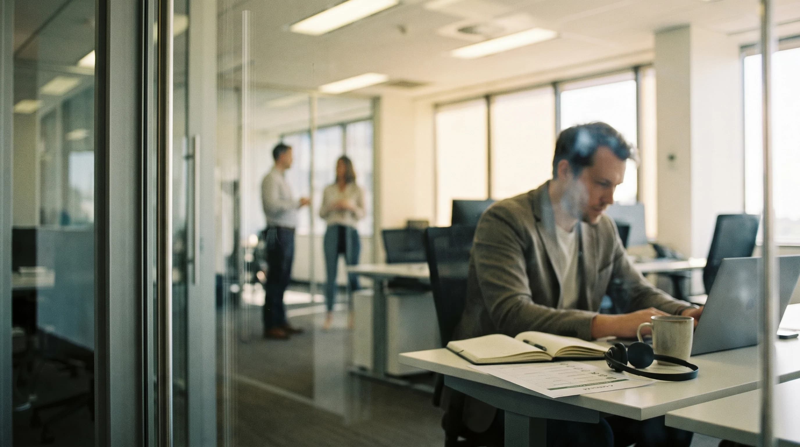 A new sales hire reviews notes at a desk in a warm modern enterprise office, seen through a glass partition, preparing before a first customer call.