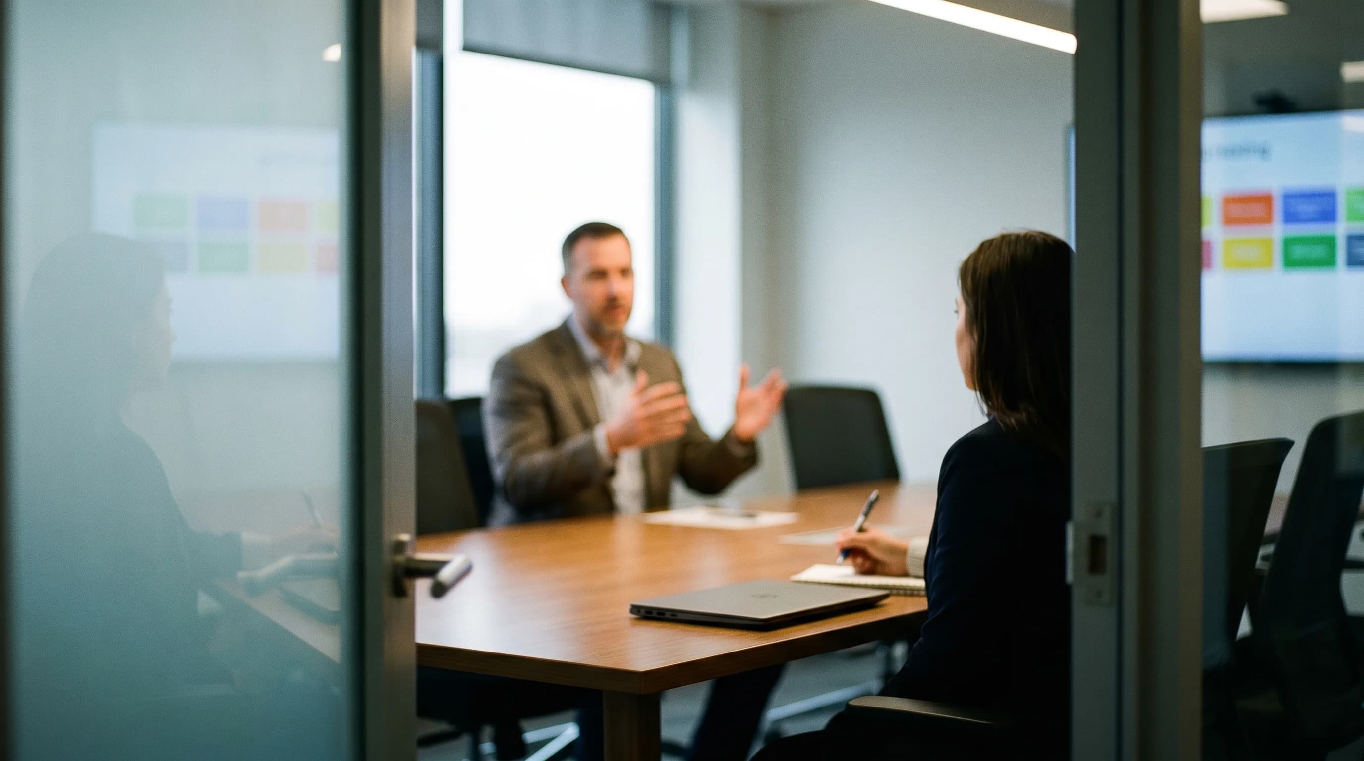 A sales team member rehearses a launch conversation at a warm wooden table in a glass-walled enterprise office, photographed candidly through the doorway.