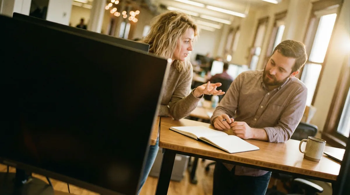 Two colleagues in a warmly lit open-plan office, one leaning across a desk toward the other in what looks like an informal coaching conversation. Film grain, natural daylight, candid composition, no screens visible.