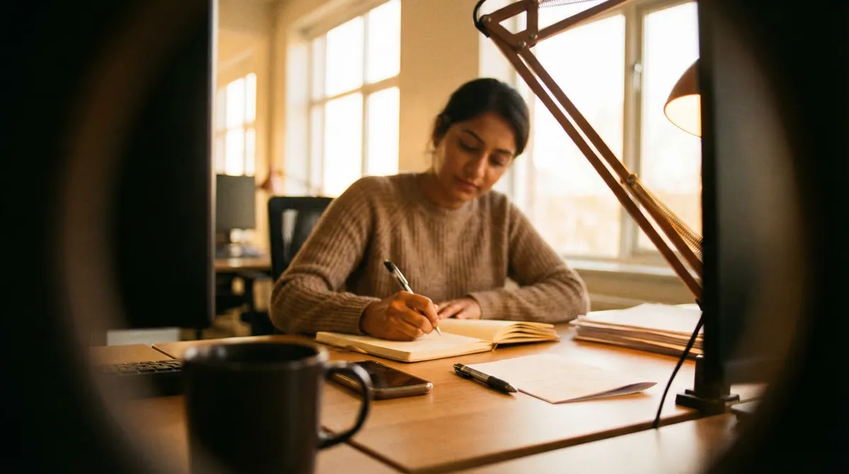 A sales professional sits at a desk in a warm, naturally lit open-plan office, reviewing notes in a notebook. Film grain, candid composition, analog feel.
