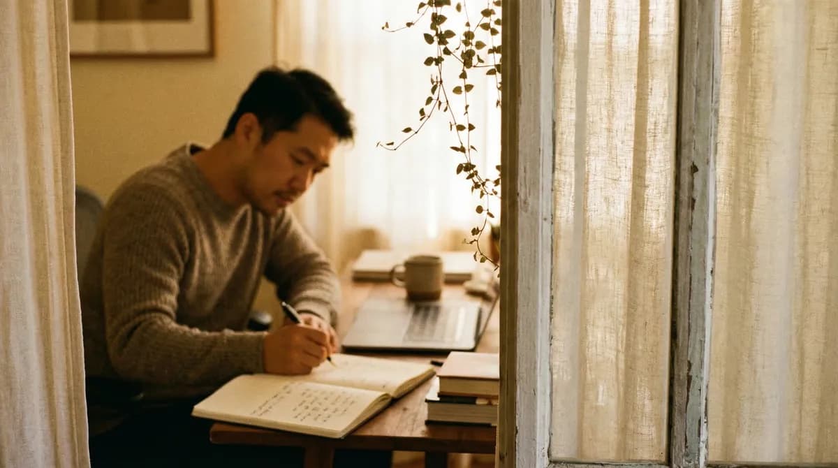 A person sits alone at a wide wooden desk in a softly lit home office, laptop open, headphones on, natural light falling across the desk from a window to the left, shot on film with warm grain and a quiet, concentrated atmosphere