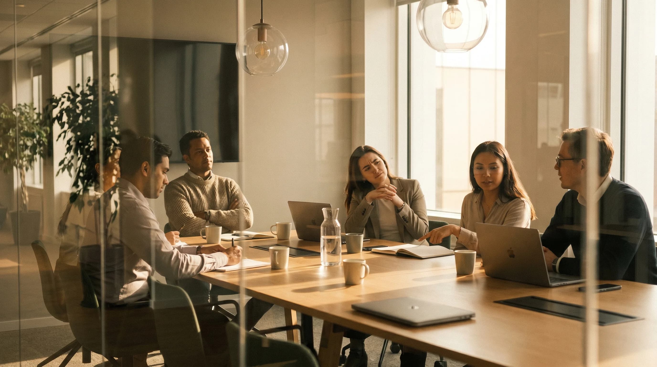 A diverse group of enterprise stakeholders sit around a meeting table in a glass-walled room, viewed candidly through foreground glass and warm film grain.