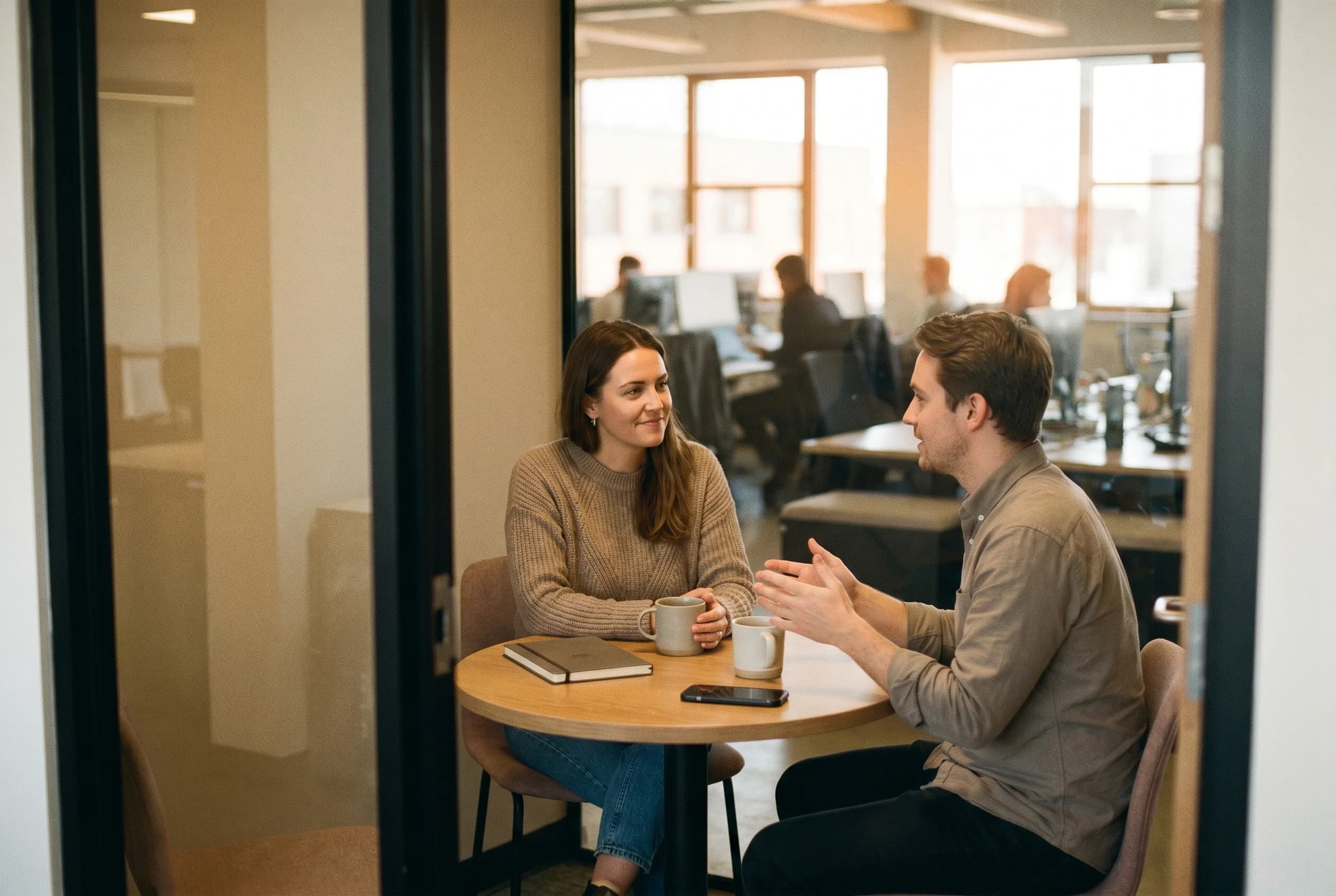 Two colleagues have a thoughtful sales coaching conversation in a quiet modern office, photographed through soft foreground glass with warm film grain.