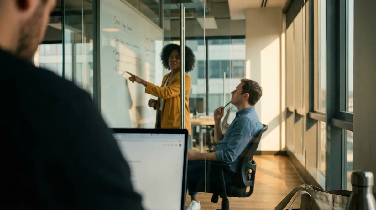 Two colleagues in a quiet, naturally lit open-plan office, one listening intently as the other speaks — shot on film, slightly grainy, warm afternoon light through large windows