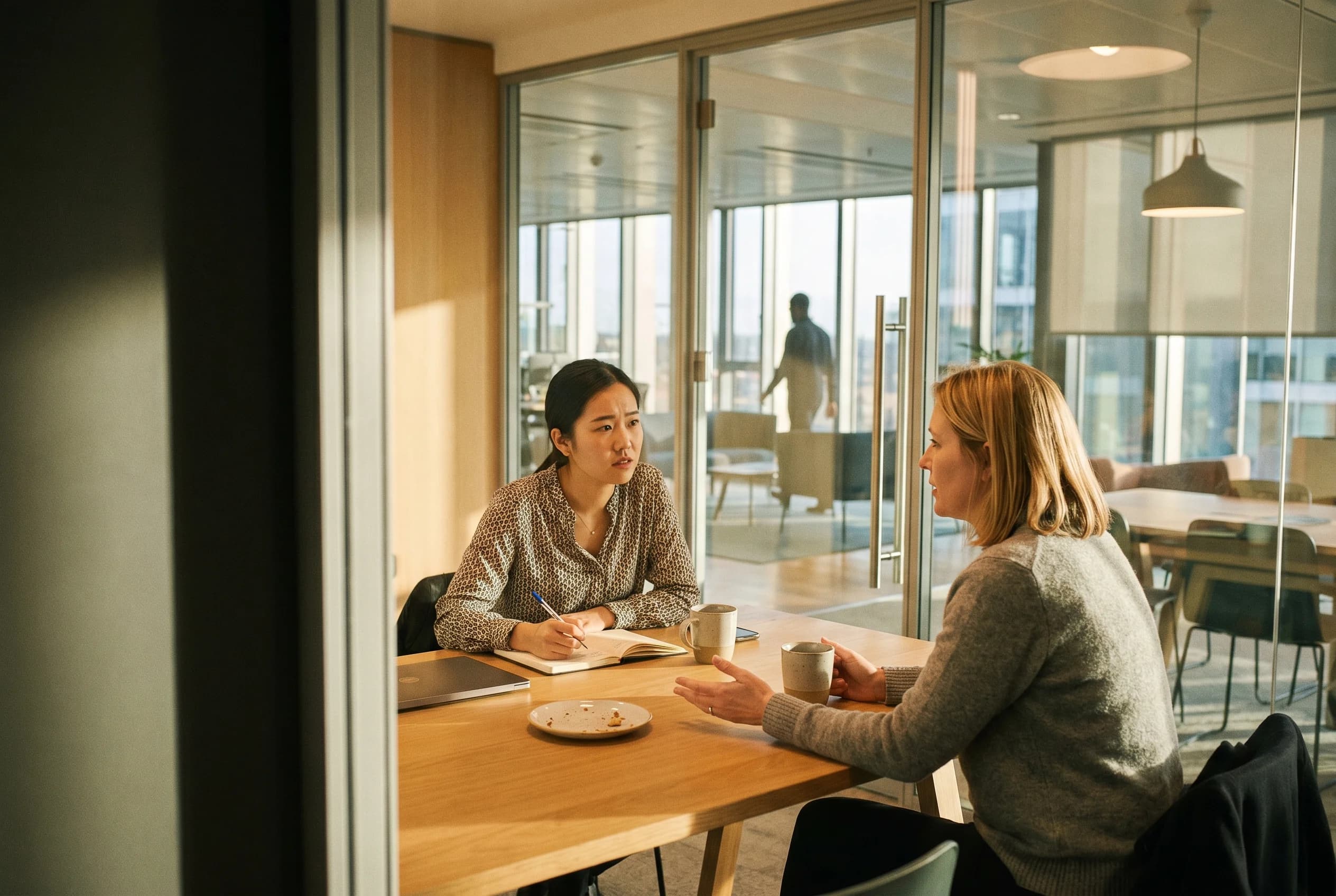 Two women at a light oak table in a modern glass-walled breakout space, seen through the glass partition from a corridor. A younger East Asian woman in her late twenties takes notes while listening with focused attention; a white woman in her forties opposite her speaks calmly with one hand open on the table. Warm late-morning light, floor-to-ceiling windows in the background. Shot on film with visible grain, candid and unposed.