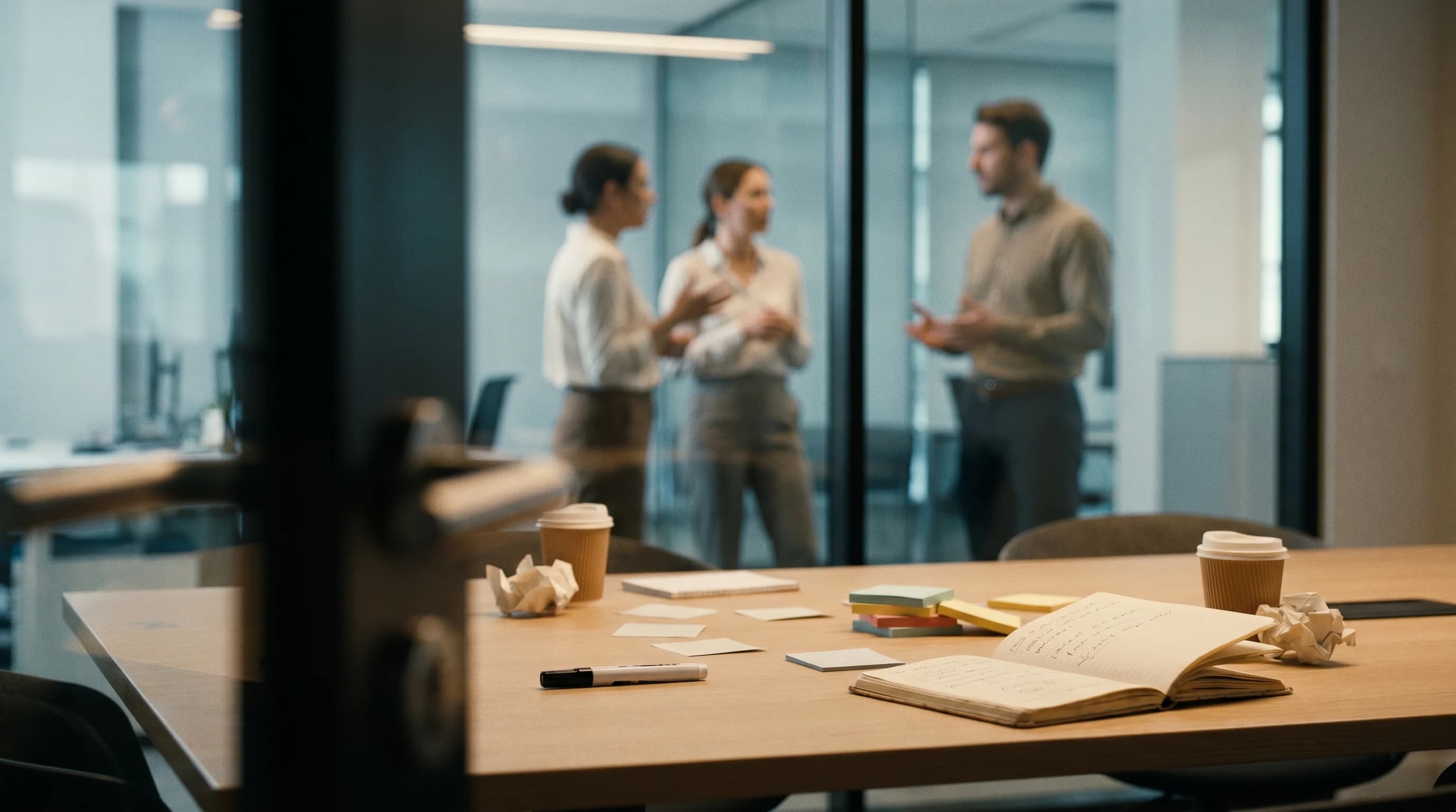 A facilitator's workshop notes sit on a meeting-room table after a sales methodology session, with a small group practicing in soft focus beyond the glass.