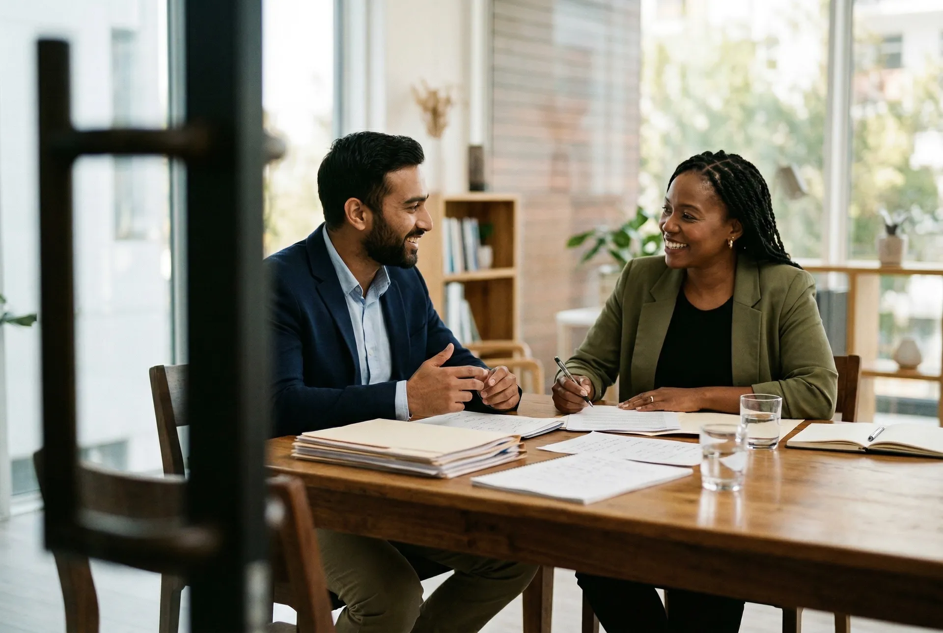 Consultants in a recruitment conversation across a meeting table